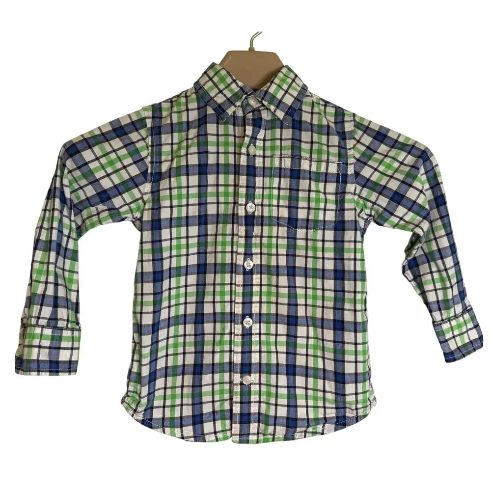 Gymboree Toddler Size 4T Button Up Shirt Blue Green White Long Sleeve Cotton